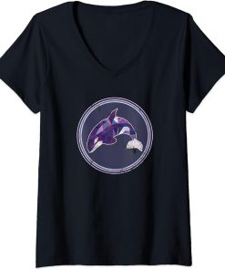 Womens Orca Distressed Shirt: Cute Colorful Art Killer Whale V-Neck T-Shirt