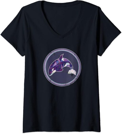 Womens Orca Distressed Shirt: Cute Colorful Art Killer Whale V-Neck T-Shirt