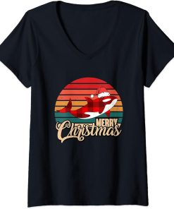 Womens Merry Christmas Retro Vintage Plaid Orca with Christmas Hat V-Neck T-Shirt