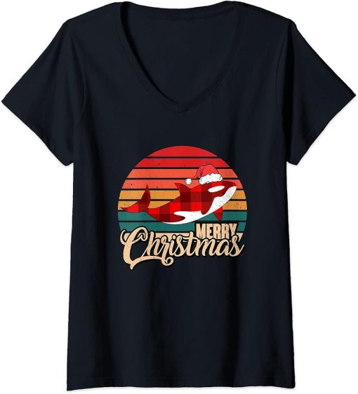 Womens Merry Christmas Retro Vintage Plaid Orca with Christmas Hat V-Neck T-Shirt