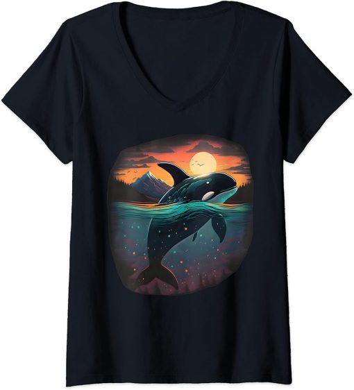 Womens Colourful mystical orca whale watching dolphin pottwhale orca whale V-Neck T-Shirt