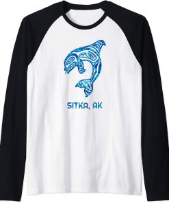 Blue Water Sitka Alaska SE Native American Orca Killer Whale Raglan Baseball Tee