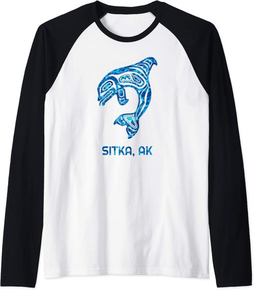 Blue Water Sitka Alaska SE Native American Orca Killer Whale Raglan Baseball Tee